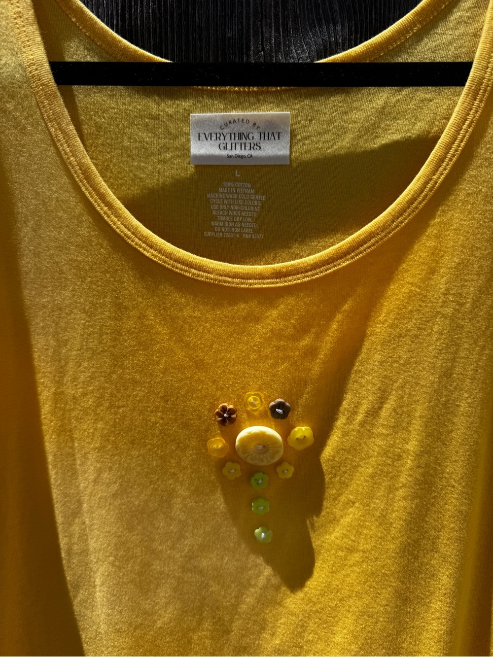 Everything That Glitters Upcycled Yellow Embellished Tank Top Button Flower